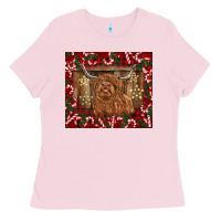 Bubblegum Pink Christmas highland cow with candy canes Ladies Tee - BarkalooDesign