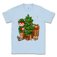 Dusty Blue Christmas Elf With Gift Classic Tee - BundleAndBundleShop