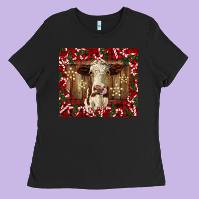 Christmas Heifer With Candy Canes Ladies Tee Designed By Barkaloodesign