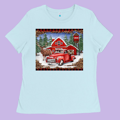Christmas Farm Reindeer And Truck Ladies Tee Designed By Barkaloodesign