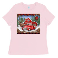 Bubblegum Pink Christmas farm reindeer and truck Ladies Tee - BarkalooDesign