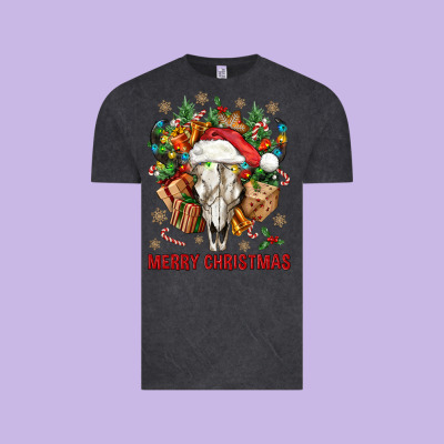 Merry Christmas With Bull Skull Vintage Tee Designed By Bundleandbundleshop