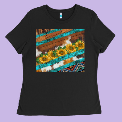 Western Aztec Sunflowers Turquoise Cowhide Ladies Tee Designed By Barkaloodesign