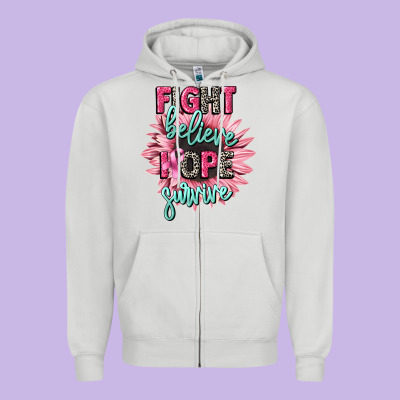 Fight Believe Hope Survive Cancer Awareness Zipper Hoodie Designed By Cowgirlartshop