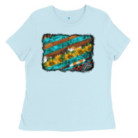 Baby Blue western aztec sunflowers turquoise cowhide background Ladies Tee - BarkalooDesign