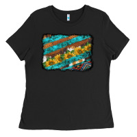 Black western aztec sunflowers turquoise cowhide background Ladies Tee - BarkalooDesign