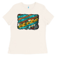 Bone western aztec sunflowers turquoise cowhide background Ladies Tee - BarkalooDesign