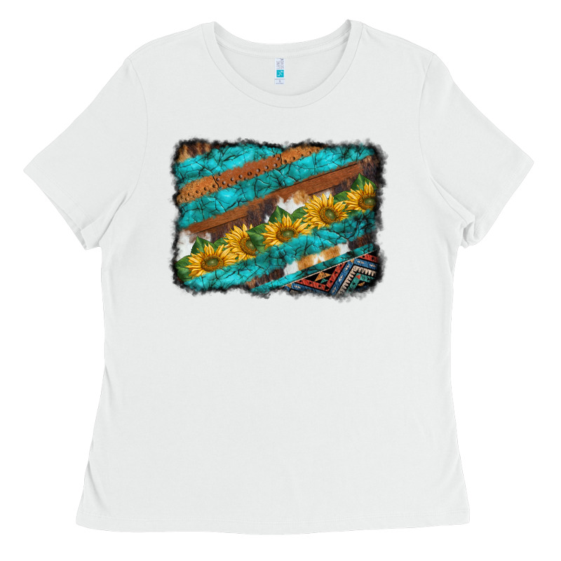 Western Aztec Sunflowers Turquoise Cowhide Background Ladies Tee by BarkalooDesign | Teevron