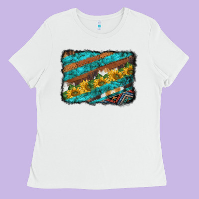 Western Aztec Sunflowers Turquoise Cowhide Background Ladies Tee Designed By Barkaloodesign