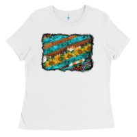 White western aztec sunflowers turquoise cowhide background Ladies Tee - BarkalooDesign