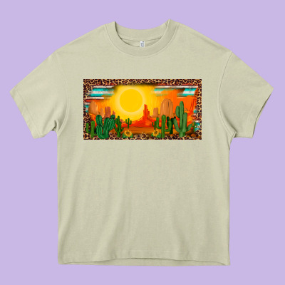 Western  Sunset Cactus Leopard Serape   License Plate Template Heavy Core Tee Designed By Barkaloodesign