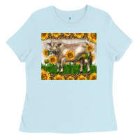 Baby Blue Western Charolais Bull With Sunflowers Ladies Tee - LillyAllenDesigns