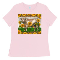 Bubblegum Pink Western Charolais Bull With Sunflowers Ladies Tee - LillyAllenDesigns