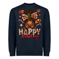 Navy happy holidays christmas afro messy bun Heavyweight Sweatshirt - texasbilliewilder