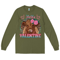 Army Green hello valentine highland cow Long Sleeve Tee - RanaPortraitStore