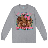 Heather Grey hello valentine highland cow Long Sleeve Tee - RanaPortraitStore
