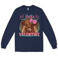 Navy hello valentine highland cow Long Sleeve Tee - RanaPortraitStore