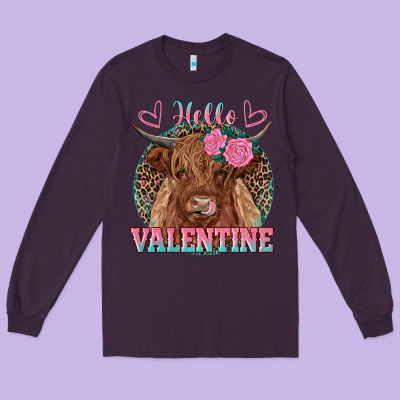 Hello Valentine Highland Cow Long Sleeve Tee Designed By Ranaportraitstore