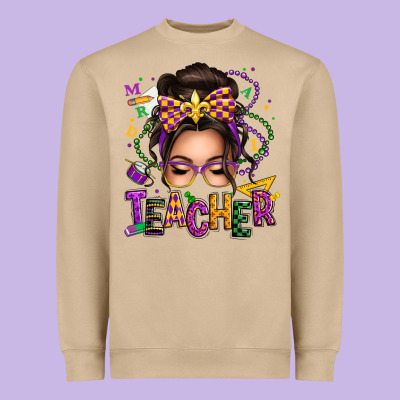 Mardi Gras Teacher Caucasian Messy Bun Heavyweight Sweatshirt Designed By Texasbilliewilder