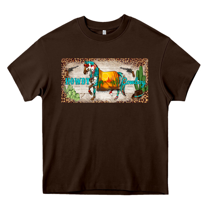 Western Howdy Cowboy Horse Sunset Weapon Cactus Leopard  License Plate Heavy Core Tee by BarkalooDesign | Teevron