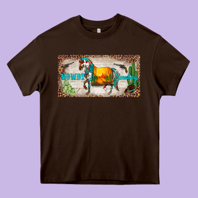 Western Howdy Cowboy Horse Sunset Weapon Cactus Leopard  License Plate Heavy Core Tee Designed By Barkaloodesign