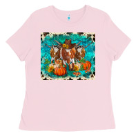 Bubblegum Pink fall longhorn cows Ladies Tee - RanaPortraitStore