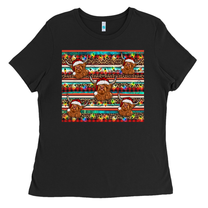 Christmas Turquoise Serape Highland Cow Ladies Tee by BarkalooDesign | Teevron