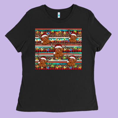 Christmas Turquoise Serape Highland Cow Ladies Tee Designed By Barkaloodesign