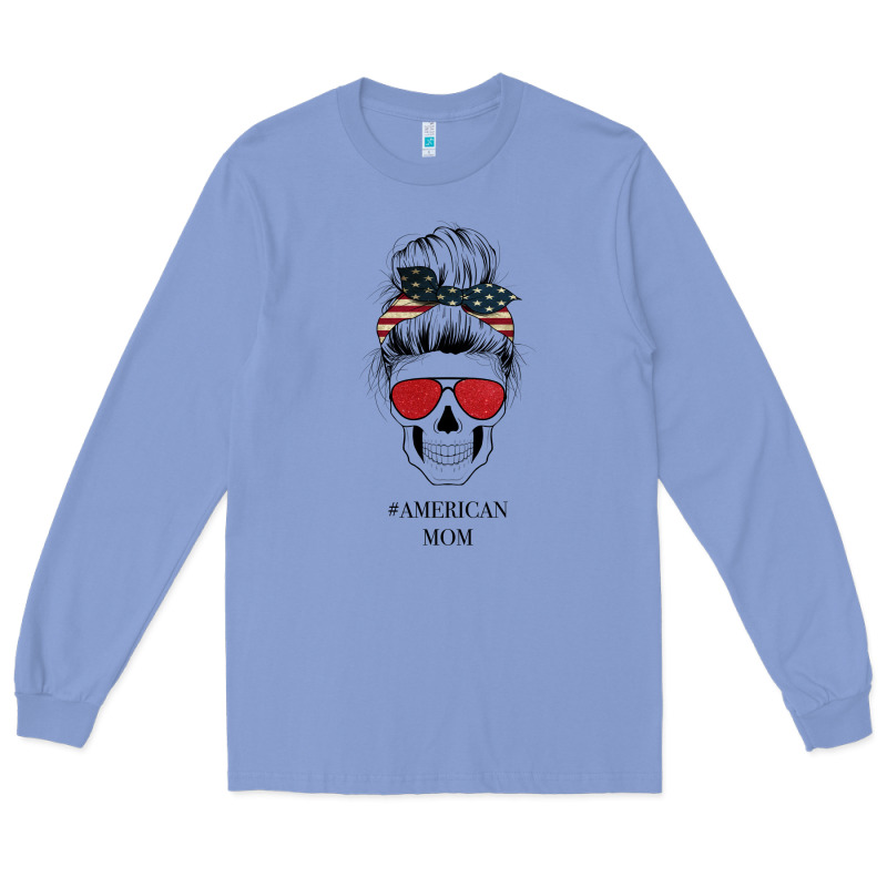 Glitter American Flag Patterned American Mom Skull Long Sleeve Tee by Bettercallsaul | Teevron