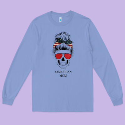 Glitter American Flag Patterned American Mom Skull Long Sleeve Tee Designed By Bettercallsaul