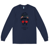 Navy Glitter American Flag Patterned American Mom Skull Long Sleeve Tee - Bettercallsaul