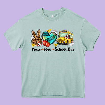 Peace Love School Bus Heavy Core Tee Designed By Nancycooperartshop