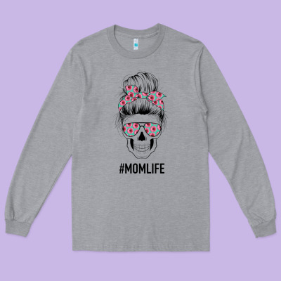 Pink Flower On Cyan Background Mom Skull Long Sleeve Tee Designed By Bettercallsaul