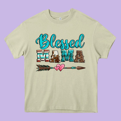 Blessed Mama Serape Cowhide Turquoise Heavy Core Tee Designed By Jasminsmagicworld