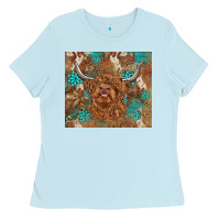 Baby Blue highland cow turquoise gemstones western patterns Ladies Tee - BarkalooDesign