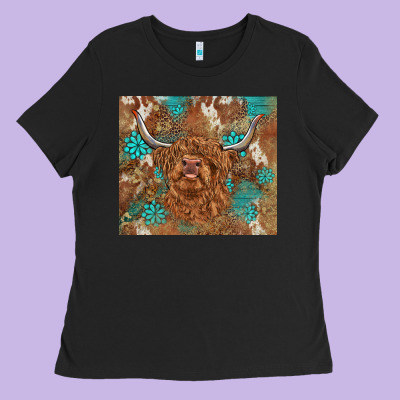 Highland Cow Turquoise Gemstones Western Patterns Ladies Tee Designed By Barkaloodesign