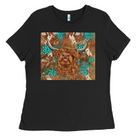 Black highland cow turquoise gemstones western patterns Ladies Tee - BarkalooDesign