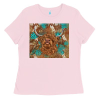 Bubblegum Pink highland cow turquoise gemstones western patterns Ladies Tee - BarkalooDesign