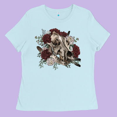 Floral Boho Wolf Skull Ladies Tee Designed By Ranaportraitstore