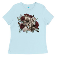 Baby Blue Floral boho wolf skull Ladies Tee - RanaPortraitStore
