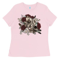 Bubblegum Pink Floral boho wolf skull Ladies Tee - RanaPortraitStore