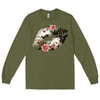 Army Green Cowhide And Flowers Lips Long Sleeve Tee - Bettercallsaul