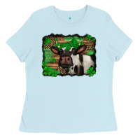 Baby Blue st Patricks cow with leopard background holstein cow Ladies Tee - Jasminsmagicworld