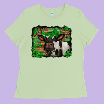 St Patricks Cow With Leopard Background Holstein Cow Ladies Tee Designed By Jasminsmagicworld