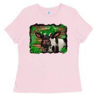 Bubblegum Pink st Patricks cow with leopard background holstein cow Ladies Tee - Jasminsmagicworld