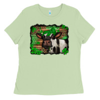Matcha st Patricks cow with leopard background holstein cow Ladies Tee - Jasminsmagicworld
