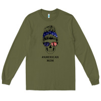 Army Green American Stars, American Flag Patterned Mom Skull Long Sleeve Tee - Bettercallsaul
