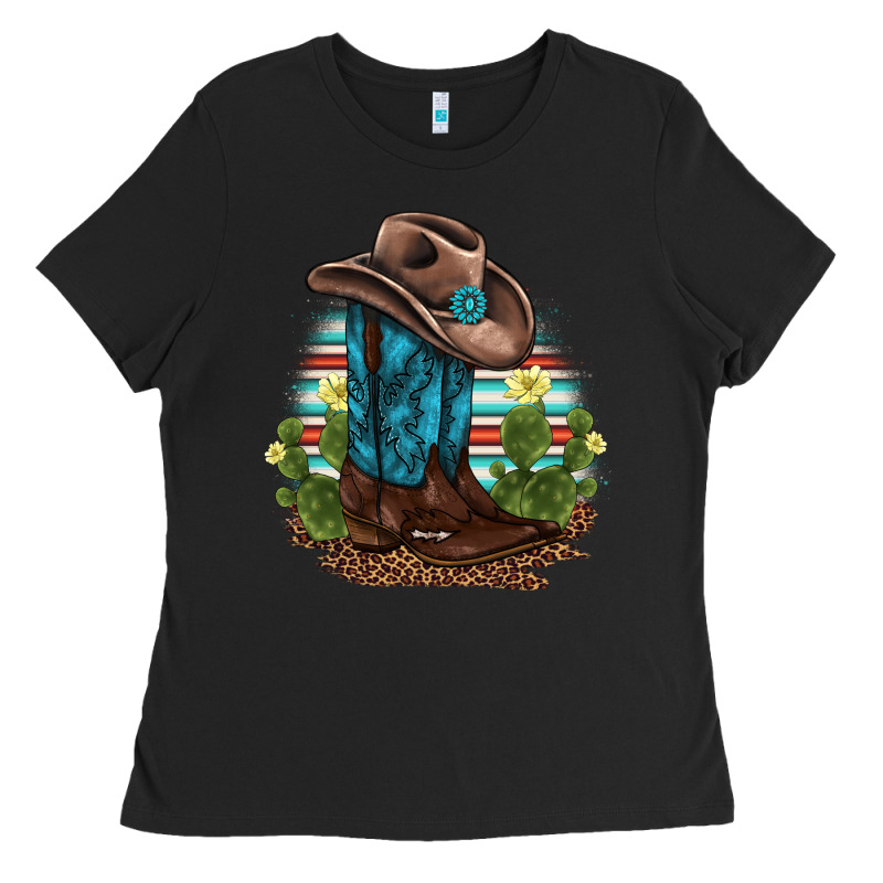 Western Boots And Hat Cactus Leopard Serape Pattern Ladies Tee by BarkalooDesign | Teevron