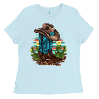Baby Blue western boots and hat cactus leopard serape pattern Ladies Tee - BarkalooDesign
