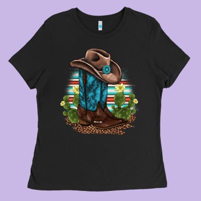 Western Boots And Hat Cactus Leopard Serape Pattern Ladies Tee Designed By Barkaloodesign